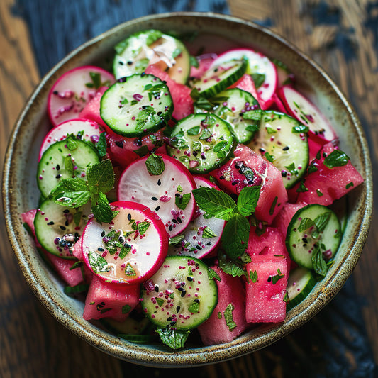 A colorful and fresh salad featuring juicy watermelon cubes, sliced radishes, and fresh mint leaves, lightly dressed with olive oil and cracked black pepper. The salad is presented on a rustic, dark-colored plate with a glossy finish.